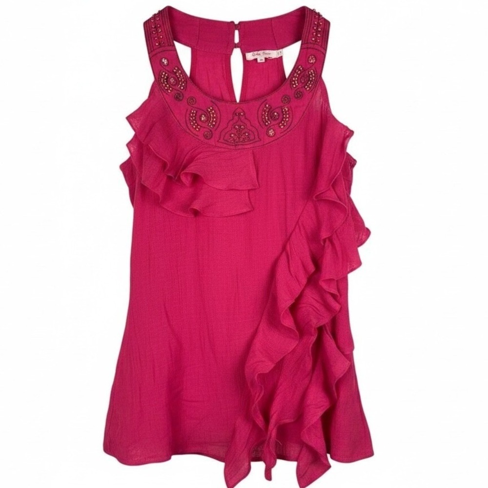 Hot Pink Beaded Ruffle Halter Top Womens Size Small Coquette Feminine Ethereal